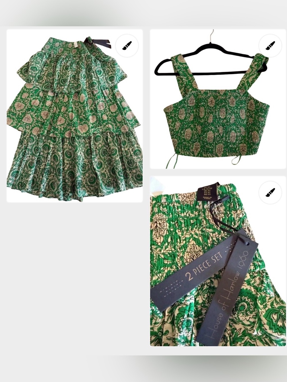 House of Harlow 1960 Green Printed Smocked Crop Top & Tiered Skirt Set